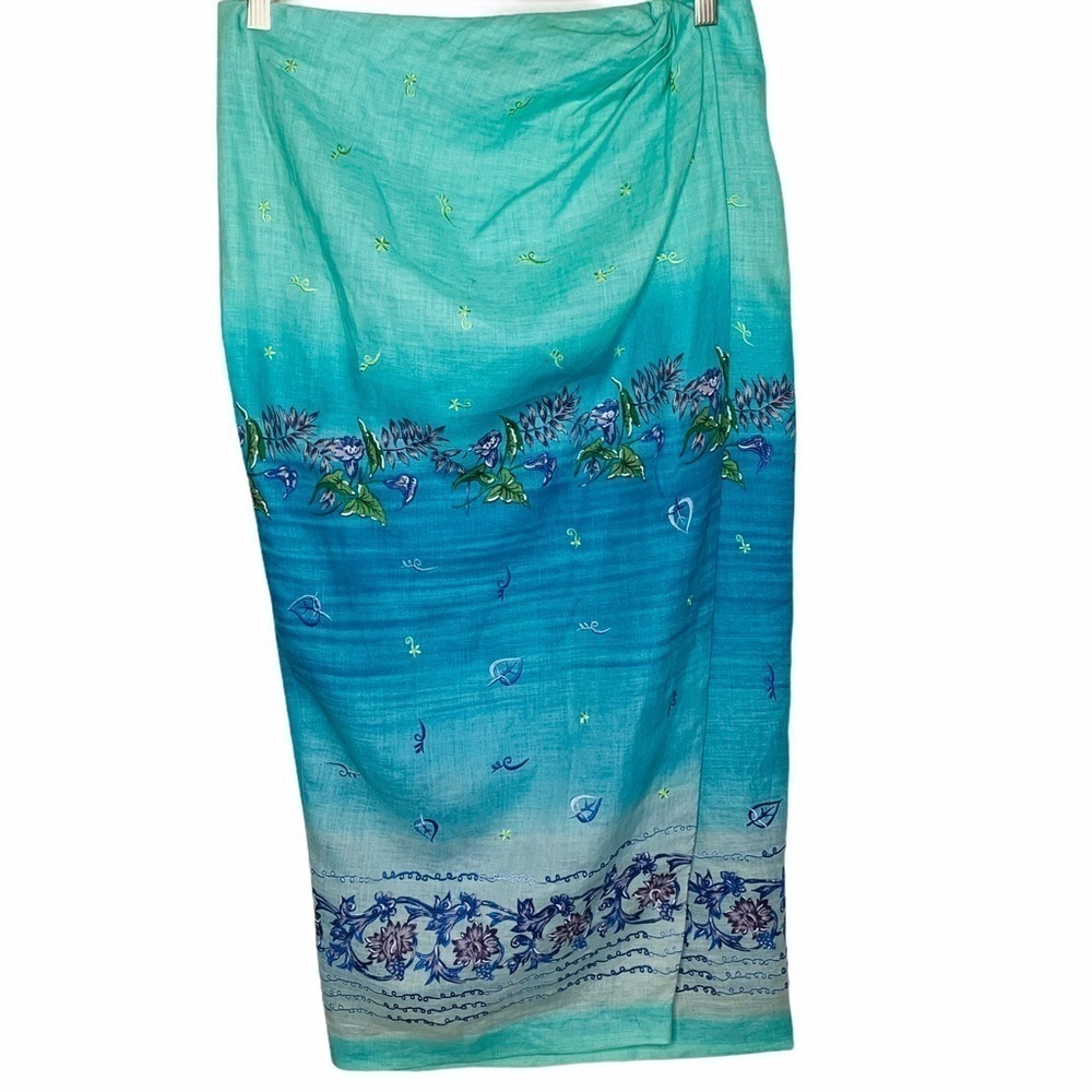 Jenna Ombre Embroidered Linen Sarong Wrap Maxi Skirt Size 12 Blue Green Floral - Picture 2 of 16